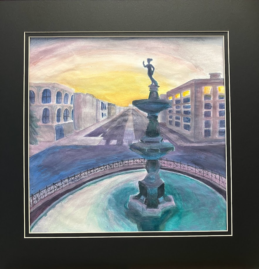 An artwork depicting the Court Square Fountain in Montgomery at what appears to be either dawn or du